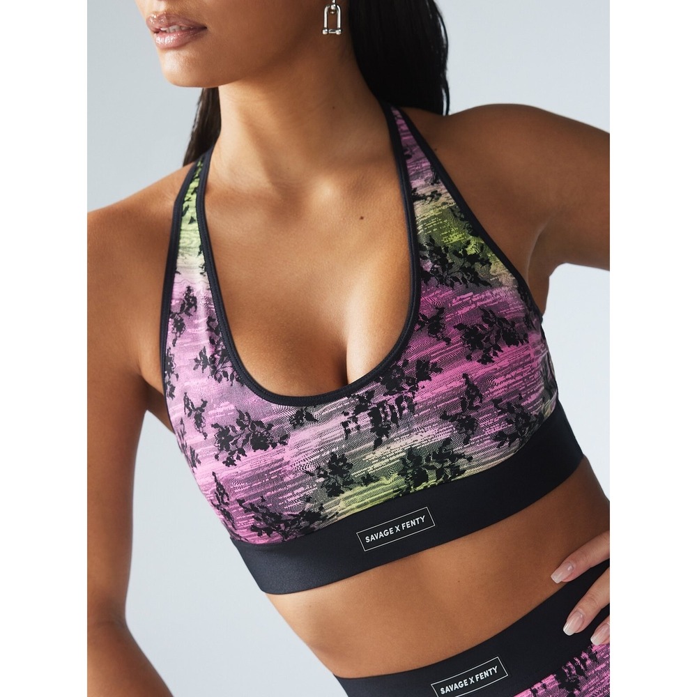 Savage X Fenty Sports Bra Womens Pink Yellow Floral Racerback Activewear